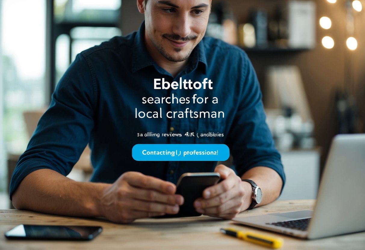 En person i Ebeltoft søger online efter en lokal håndværker scroller gennem anmeldelser og kontakter potentielle kandidater