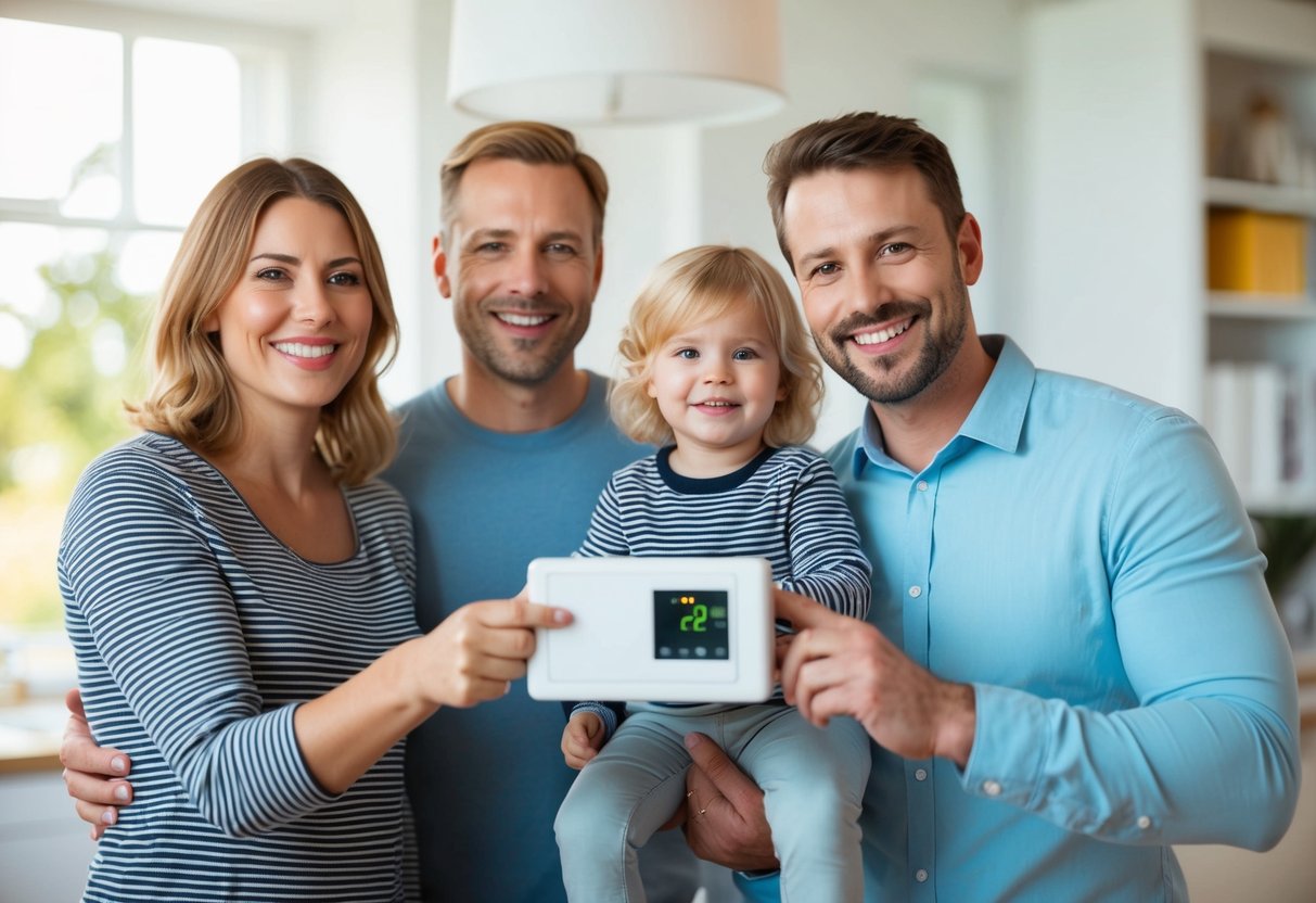 En familie i Ebeltoft sparer energi og penge med en ny varmepumpe smilende mens de justerer termostaten